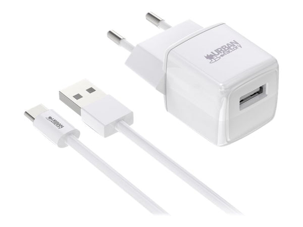 URBAN FACTORY POWER USB-A POWER ADAPTER 2.4A/12W WITH 1M USB-A TO USB-C CABLE