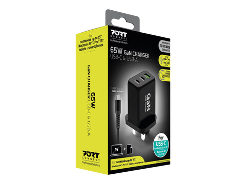 PORT DESIGNS 65W Gan Charger USB-C & USB-A Gallium Nitride Gan Technology More Efficient Smaller Lighter And Less Energy Consuming