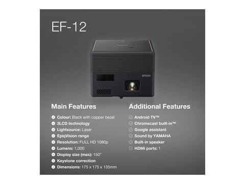 EPSON EF-12 Projector FHD 1920x1080 1000Lumen 2500000:1 Home cinema/Entertainment and gaming