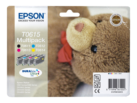 EPSON 1LB T0615 ink cartridge black and tri-colour standard capacity 8ml 250 pages 4-pack blister without alarm