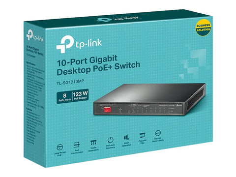 TP-LINK TL-SG1210MP PoE+ Desktop Switch 8x 10/100/1000Mbps + 1x Gbit Combo SFP + 2x Gbit Non-PoE RJ45 123W budget Isolation Priority