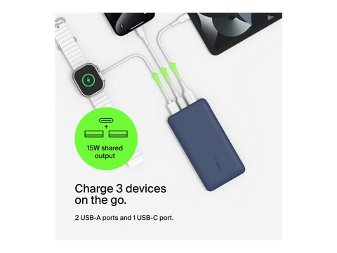 BELKIN Batterie externe 3 ports 10K avec câble USB-A vers USB-C bleu