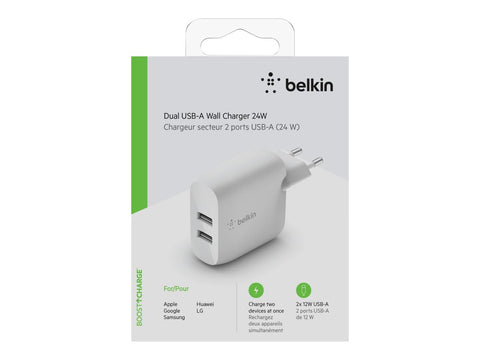 BELKIN BOOST CHARGE 24w 12w X2 USB-A Dual Wall Charger White