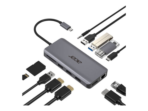 ACER 12-IN-1 TYPE-C DONGLE 2xUSB3.2 2xUSB2.0 2xHDMI DisplayPort Type C PowerDelivery SD Card reader TF Card reader 1000M Ethernet