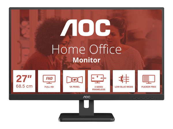 AOC 27E3UM 27" - 1920 x 1080 Full HD (1080p) @ 75 Hz - VA - 300 cd/m² - 3000:1 - 4 ms - 2xHDMI, VGA, DisplayPort - HP- noir