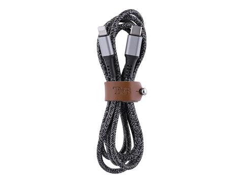 TNB PREMIUM - Nylon braided RPET USB-C to Lightning cable - metal connector - Leather cable tie - Black