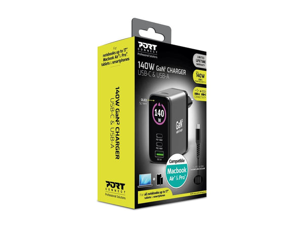 PORT DESIGNS Wall Charger Type-C PD 140W GaN PD 3.1 for MacBook PRO C to C Cable 2m EU