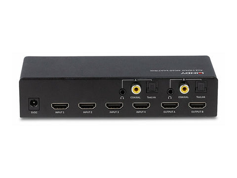 LINDY 4x2 HDMI 2.0 4K 18G Matrix Switch with Audio Extractor Optical Out or 3.5mm Jack 4K 3840x2160at60Hz 8bit