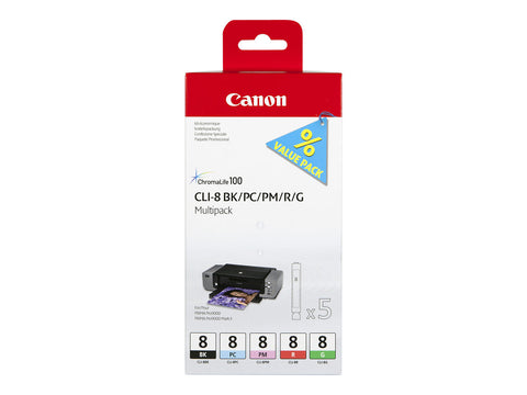 CANON CLI-8 BK, PC, PM, R, G cartouche d encre noir et quatre couleurs capacité standard combopack blister avec alarme