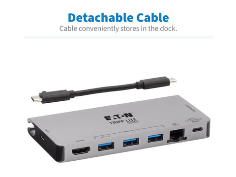 EATON TRIPPLITE USB-C Dock - 4K HDMI USB 3.2 Gen 1 USB-A Hub GbE Memory Card 100W PD Charging Detachable Cord