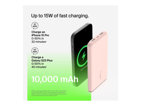 BELKIN Batterie externe 3 ports 10K avec câble USB-A vers USB-C rose