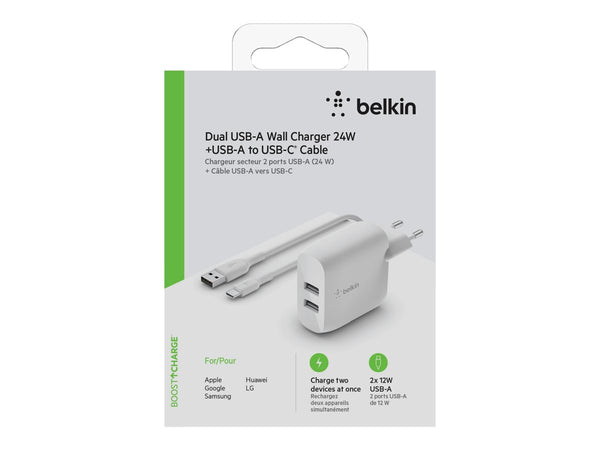 BELKIN BOOST CHARGE 24w USB-A Dual Wall Charger w/ 1m A-C White