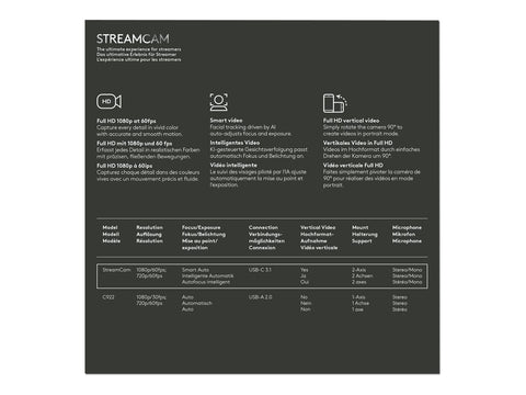 LOGITECH StreamCam Live streaming camera colour 1920 x 1080 1080p audio USB-C 3.1 Gen 1 MJPEG YUY2
