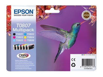 EPSON 3LB T0807 ink cartridge black and five colour standard capacity black and colour: 7.4ml 6-pack blister without alarm