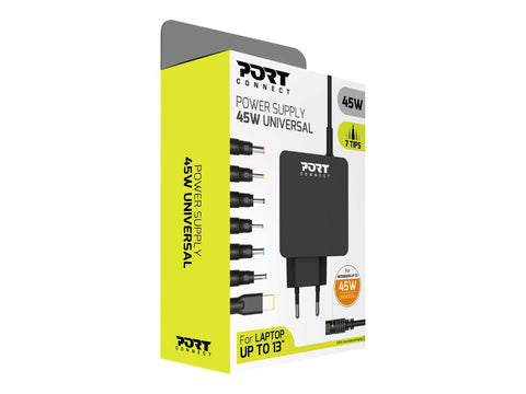 PORT DESIGNS Universal Power Adapter For Notebooks Up To 45W EU Plug 7 Universal Detachable Tips