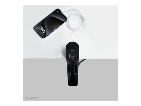 NEOMOUNTS VOLT Desk Clamp socket with Quick-charge USB Ports clamp 0-50mm 3x type-F 230V 1x USB-A 18W 2x USB-C 20W