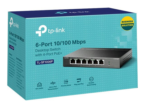 TP-LINK TL-SF1006P 6-Port 10/100Mbps Steel Desktop Switch with 4-Port PoE+ 67W PoE budget