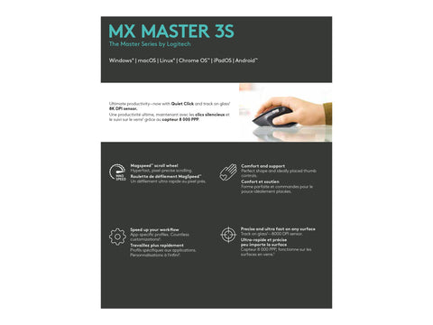 LOGITECH Master Series MX Master 3S Mouse ergonomic optical 7 buttons wireless Bluetooth 2.4 GHz Bolt USB receiver