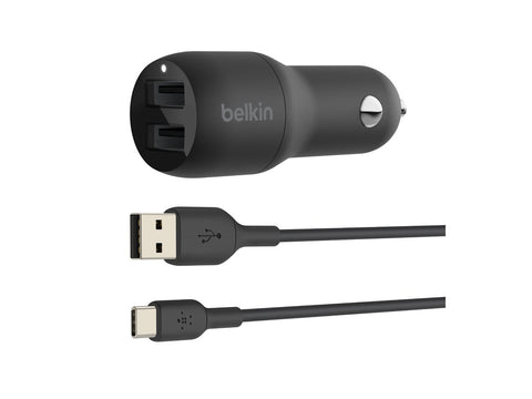 BELKIN BOOST CHARGE 24w USB-A Dual Car Charger w/ 1M PVC A-C Black
