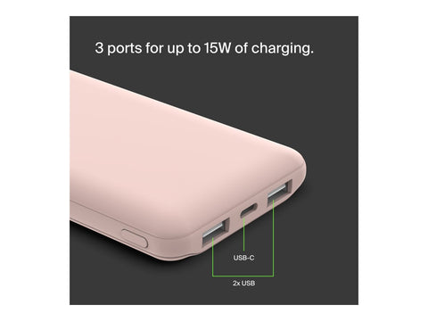 BELKIN Batterie externe 3 ports 10K avec câble USB-A vers USB-C rose