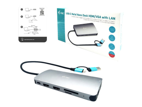 I-TEC USB-C Metal Nano Dock 2xHDMI 1xVGA 1xSD Cardreader 1xmicroSD Cardreader 1xGLAN 3xUSB 2.0 1xUSB 3.2 1xUSB-C3.2Data 1xUSB-C PD