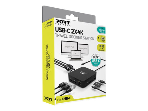PORT DESIGNS USB Type C Travel Docking Station 2x4K Dual video display up to 4K 2x Display Port Charges laptops up to 85W