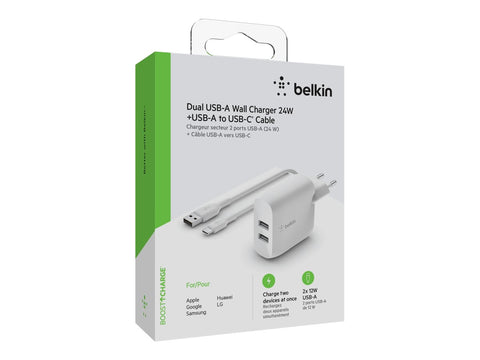 BELKIN BOOST CHARGE 24w USB-A Dual Wall Charger w/ 1m A-C White