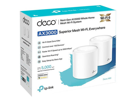 TP-LINK Deco X60 AX3000 Wi-Fi 6 Whole-Home Mesh System 2-pack Quad-core CPU 2x GE RJ45 4xint.antennas MU-MIMO