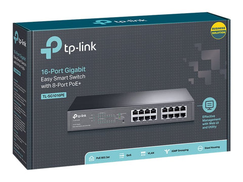 TP-LINK 16-Port Gigabit Desktop/Rackmount PoE+ Easy Smart Switch 16 Gigabit RJ45 ports including 8 PoE+ ports 110W PoE Power supply