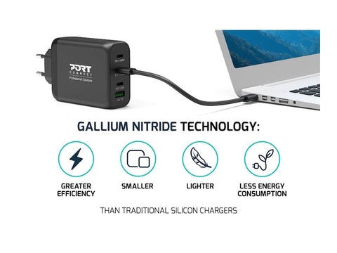PORT DESIGNS 130W GaN charger USB-C and USB-A Gallium Nitride GaN technology more efficient smaller lighter