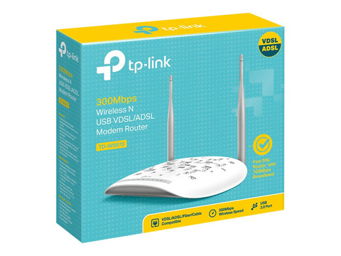 TP-LINK 300Mbps Wireless N USB VDSL2 Modem Router Broadcom, 802.11b/g/n 300Mbps at 2.4GHz 4 FE LAN ports 1 USB 2.0 Port 2 fixed ant
