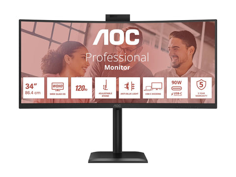 AOC CU34E4CW 34p 3440x1440 120HZ VA CURVED H/A 180 MM USB-C DOCKING TUV EyeComfort Hardware USB HUB DP HDMI