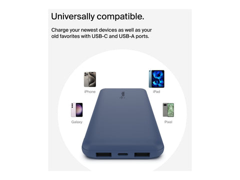 BELKIN Batterie externe 3 ports 10K avec câble USB-A vers USB-C bleu