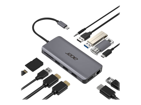 ACER 12-IN-1 TYPE-C DONGLE 2xUSB3.2 2xUSB2.0 2xHDMI DisplayPort Type C PowerDelivery SD Card reader TF Card reader 1000M Ethernet