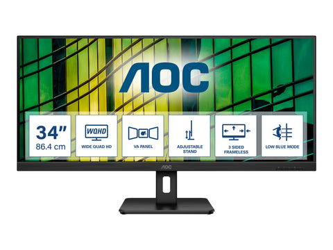 AOC U34E2M  Écran LED - 34" - 3440 x 1440 WQHD @ 100 Hz - VA - 300 cd/m² - 4000:1 - 4 ms - 2xHDMI, DisplayPort - noir