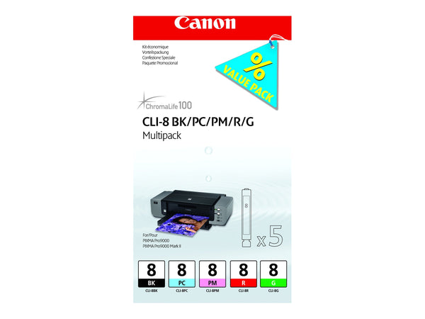 CANON CLI-8 BK, PC, PM, R, G cartouche d encre noir et quatre couleurs capacité standard combopack blister avec alarme