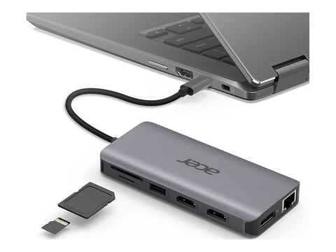 ACER 12-IN-1 TYPE-C DONGLE 2xUSB3.2 2xUSB2.0 2xHDMI DisplayPort Type C PowerDelivery SD Card reader TF Card reader 1000M Ethernet