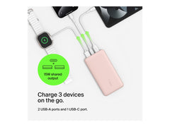 BELKIN Batterie externe 3 ports 10K avec câble USB-A vers USB-C rose