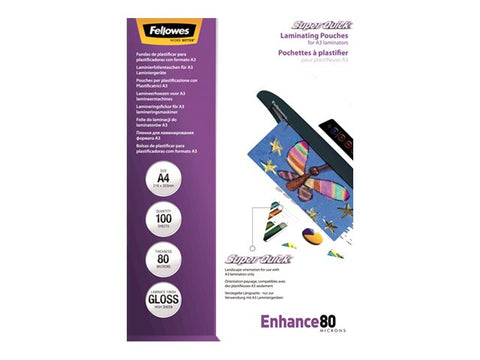 FELLOWES Pochettes SuperQuick brillantes A4 80 microns - Pack de 100