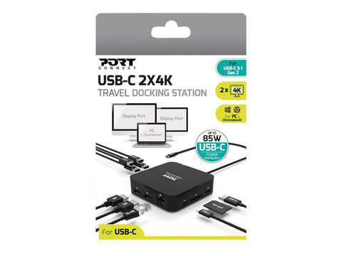 PORT DESIGNS USB Type C Travel Docking Station 2x4K Dual video display up to 4K 2x Display Port Charges laptops up to 85W