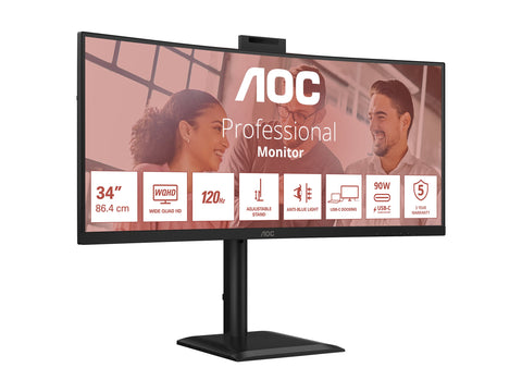 AOC CU34E4CW 34p 3440x1440 120HZ VA CURVED H/A 180 MM USB-C DOCKING TUV EyeComfort Hardware USB HUB DP HDMI
