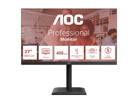 AOC U27E4CV 27p 3840x2160 60Hz IPS Flat H/A 150MM USB C DOCKING 90W Adaptive Sync EyeComfort 3.0 USB HUB SPEAKER