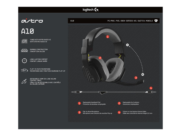 LOGITECH Astro Gaming A10 Gen 2 Headset full size wired 3.5 mm jack black