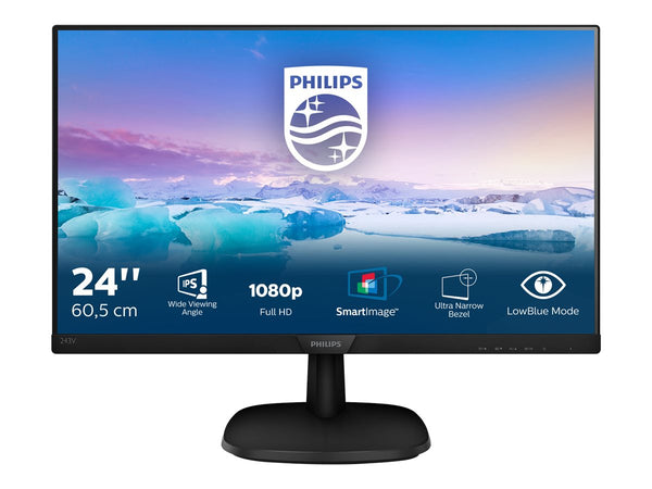 PHILIPS 243V7QJABF - Écran LED - 24 - 1920 x 1080 Full HD (1080p) - IPS - 250 cd/m² - 1000:1 - 5 ms - HDMI, VGA, DisplayPort - HP