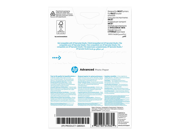 HP original Q8692A Advanced glossy photo paper Ink cartridge 250g/m2 100x150mm 100 sheets 1-pack borderless